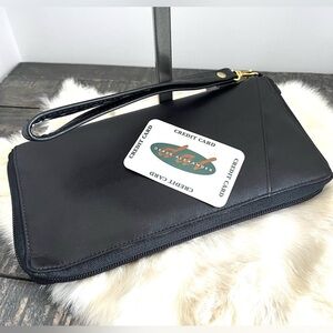 DEREK ALEXANDER Black Leather Wallet Passport Travel Organizer Zip Wristlet New